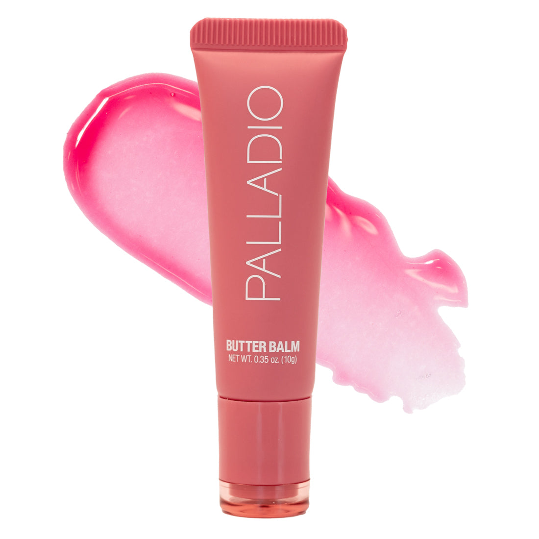 blb04-strawberry-shortcake-butter-balm-ecommerce-images-1100x1100-front-with-swatch_72442715-3351-46b3-beff-1e589b98cf16.jpg Palladio Hydrating Lip Balm With Sheer Tint Butter Balm BLB04 Strawberry Shortcake - Image 1
